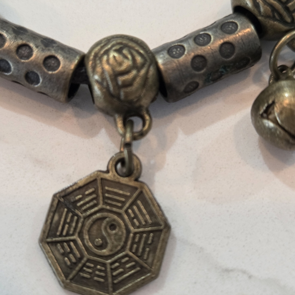 Vintage Chinese Brass Charm Bracelet | Yin Yang Bagua | Lucky Key & Bell - Picture 3 of 8